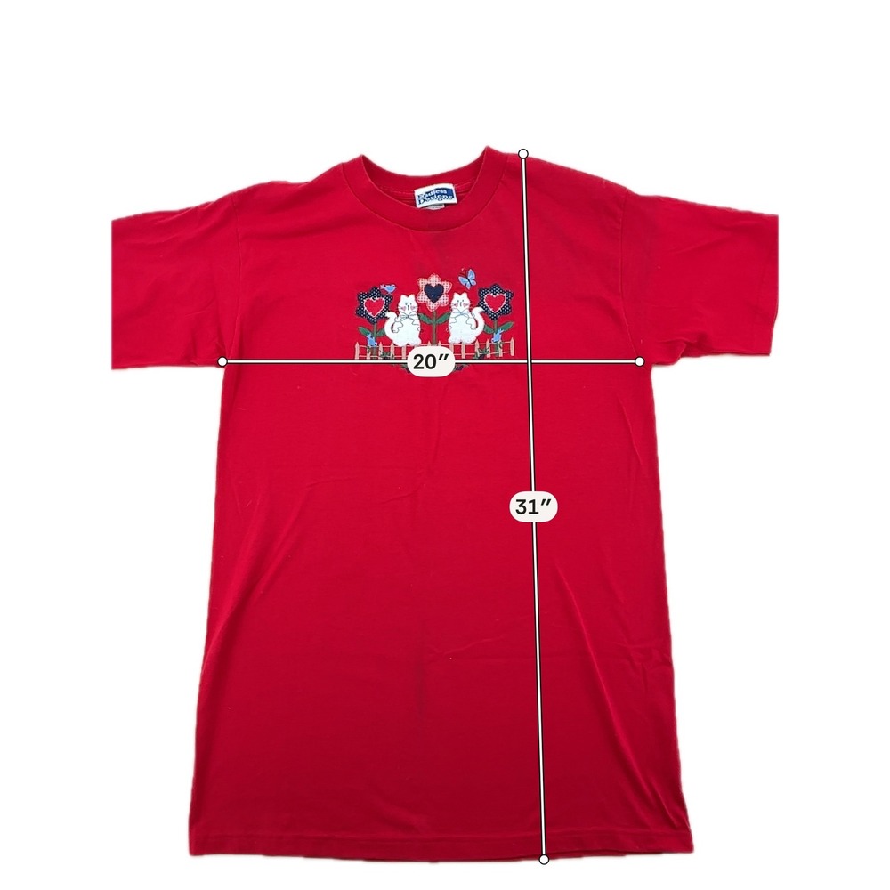 Endless Designs T-Shirt Womens L Red Embroidered Cat Floral 90s Cottagecore Tee - Picture 4 of 7